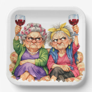 Quirky Old Ladies with Red Wine Paper Plates