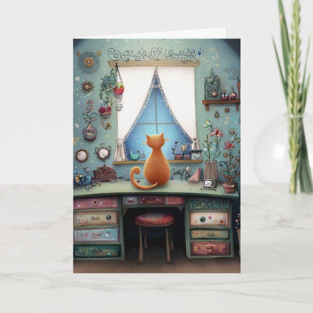 Quirky Orange Cat at a Window Hello Greeting Card (Front)