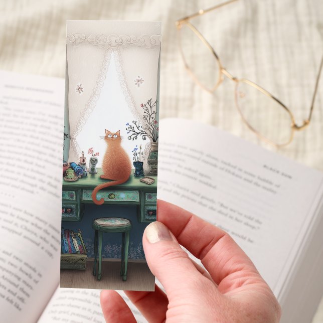 Quirky Orange Cat on a Desk Two-sided Bookmarks (Hand)