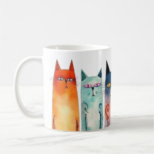 Quirky Orange Green Pink Blue Teal Watercolor Cats Coffee Mug
