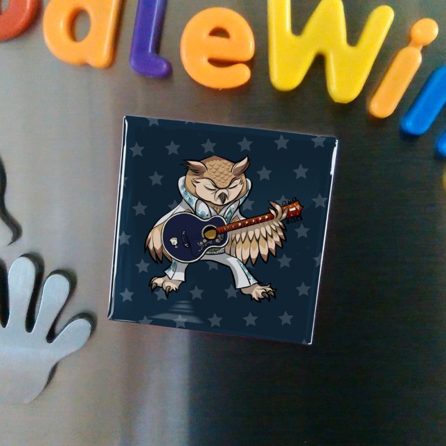 Quirky Owl Rock & Roll Artwork Singer With Guitar Magnet (Creator Uploaded)