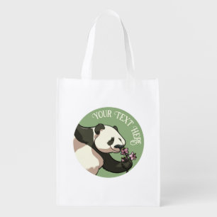 Quirky Panda Add Your Text Cherry Blossom Cartoon Grocery Bag