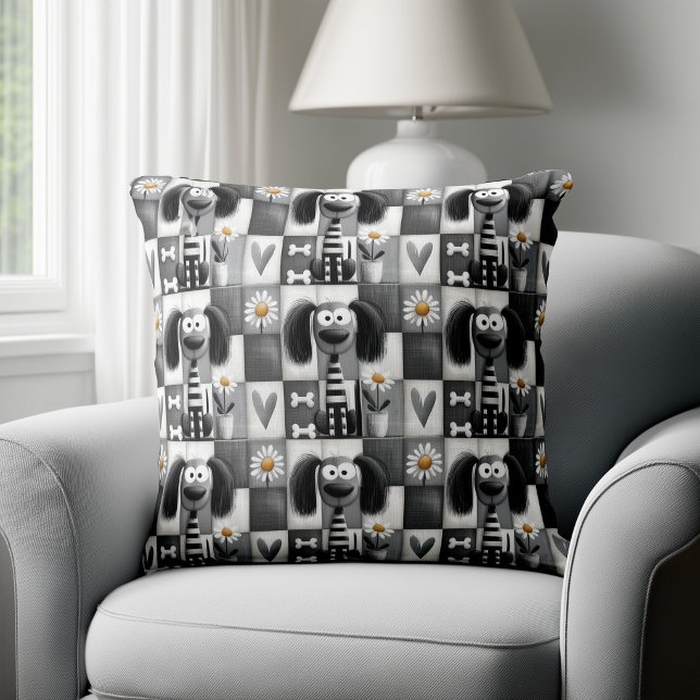 Quirky Patchwork Striped Dog Pattern Throw Pillow (Creator Uploaded)