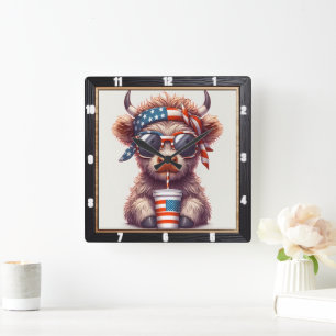 Quirky Patriotic Cow USA Square Wall Clock