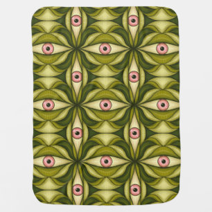 Quirky Pink Eyes And Green Botanicals Pattern Baby Blanket