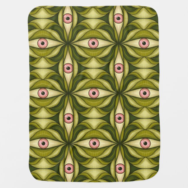 Quirky Pink Eyes And Green Botanicals Pattern Baby Blanket (Front)