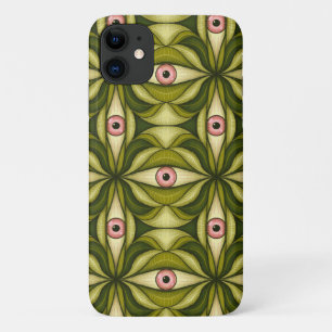 Quirky Pink Eyes And Green Botanicals Pattern iPhone 11 Case