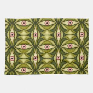 Quirky Pink Eyes And Green Botanicals Pattern Kitchen Towel
