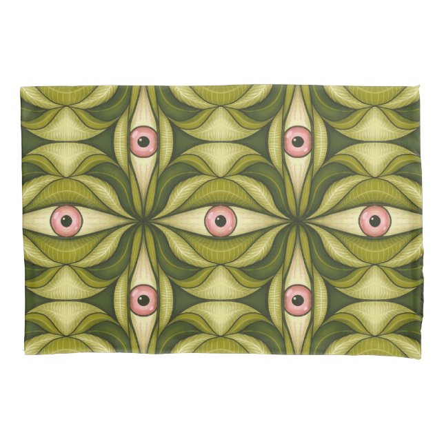 Quirky Pink Eyes And Green Botanicals Pattern Pillow Case (Front)