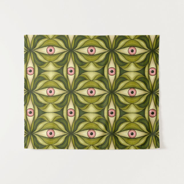 Quirky Pink Eyes And Green Botanicals Pattern Tapestry (Front (Horizontal))