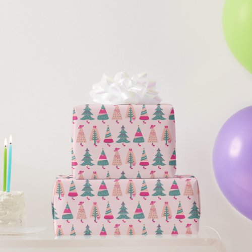 Quirky Pink Girly Christmas Trees Wrapping Paper