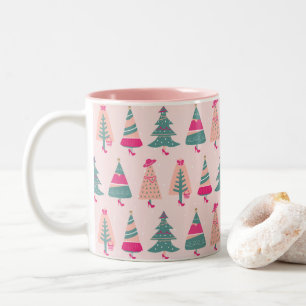 Quirky Pink Girly Feminine Christmas Trees Two-Tone Coffee Mug