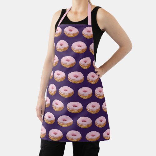 Quirky Pink Glazed Donuts Pattern Purple Apron