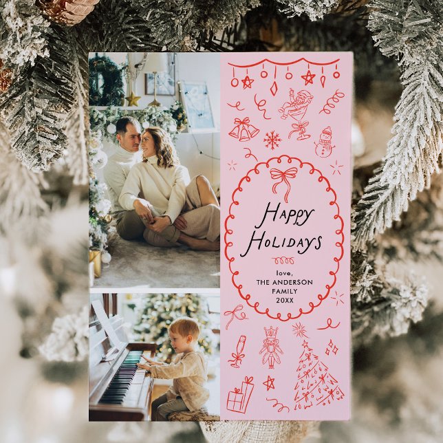 Quirky Pink Red Hand Drawn Happy Holidays 2 Photo Holiday Card (Creator Uploaded)