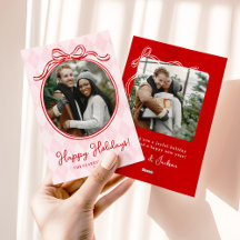 Quirky Pink & Red Whimsical Bow Happy Holidays