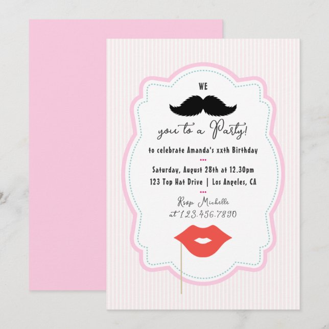 Quirky Pink Retro Mustache Party Invitation (Front/Back)