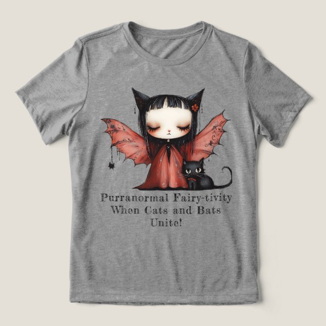 Quirky Purranormal Halloween Fairy Cat & Bat Unite Tri-Blend Shirt (Design Front)