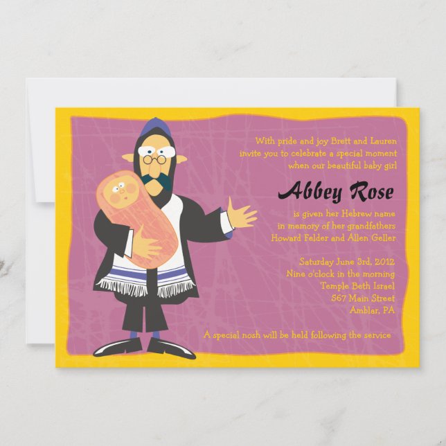 Quirky Rabbi Jewish Baby Naming Invitation Invite (Front)