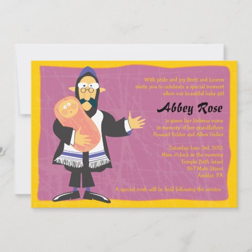Quirky Rabbi Jewish Baby Naming Invitation Invite