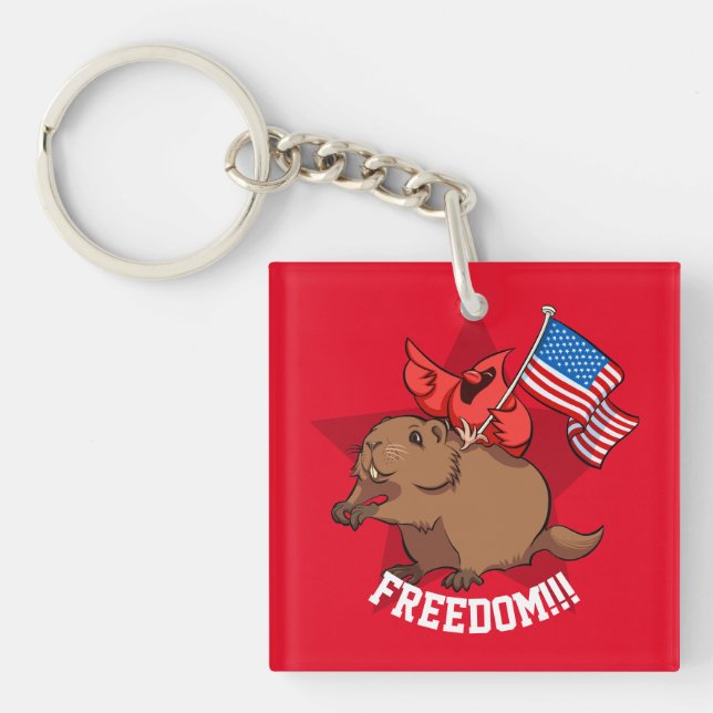 Quirky Red Cardinal & Groundhog Freedom! Cartoon Keychain (Front)