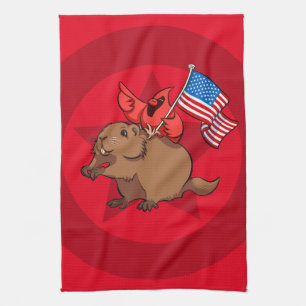 Quirky Red Cardinal Patriot On Groundhog Artwork Kitchen Towel