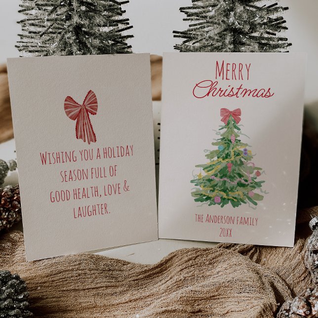 Quirky Red Green Christmas Bow Tree Non-Photo Holiday Card (Creator Uploaded)