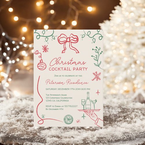 Quirky red green illustration Christmas Cocktail Invitation