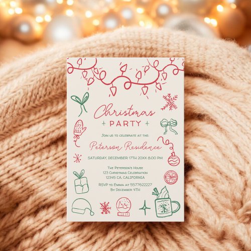 Quirky red green illustration modern Christmas Invitation