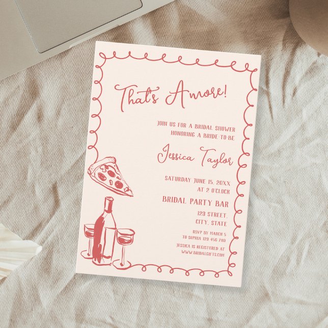 Quirky Red Hand Drawn Bridal Brunch That's Amore Invitation (red hand drawn wine bottle and pizza slice bridal shower invitation)