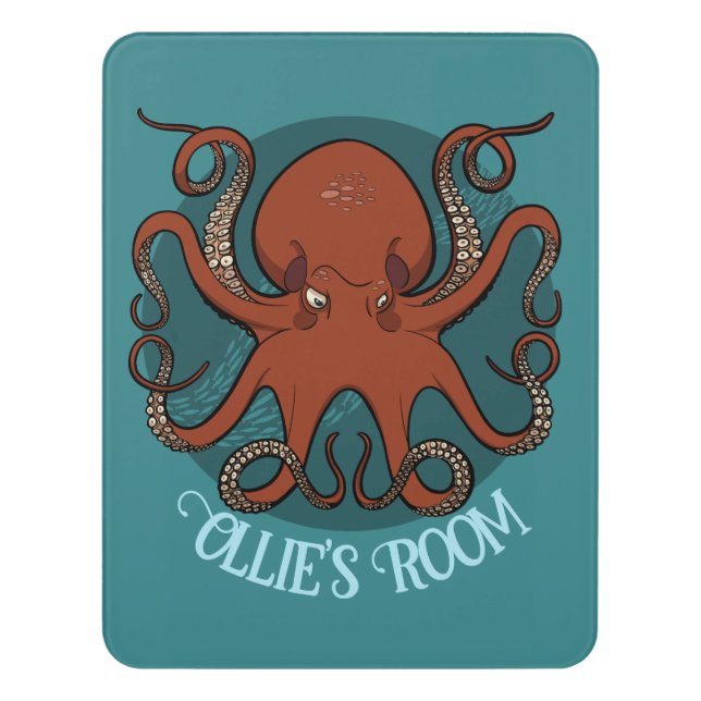 Quirky Red Octopus Artwork Change The Name Design Door Sign (Contemporary Vert)