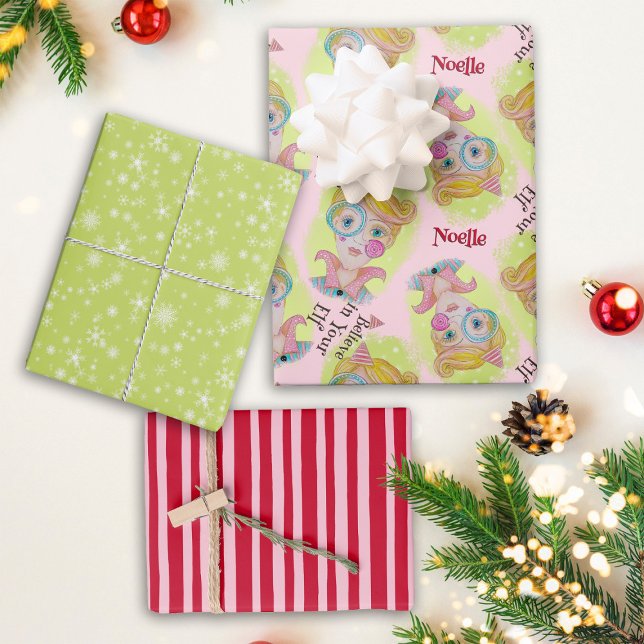 Quirky Retro Christmas Elf Pink Red Green Add Name Wrapping Paper Sheets (Creator Uploaded)