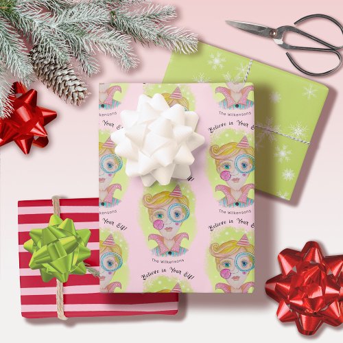 Quirky Retro Christmas Elf Pink Red Green Add Name Wrapping Paper Sheets