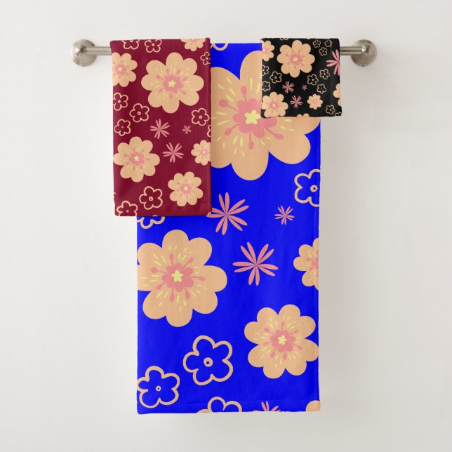 Quirky Retro Floral Pattern Bath Towel Set (Insitu)