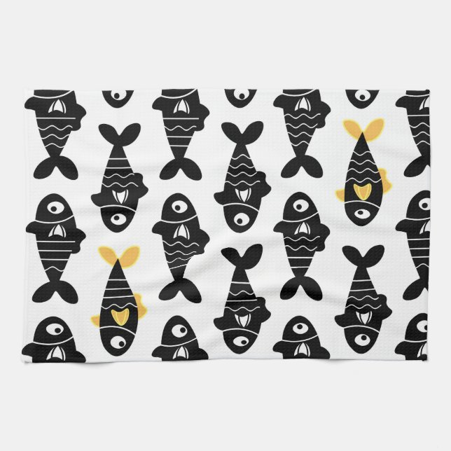 Quirky Seamless Black Fish Pattern Kitchen Towels (Horizontal)