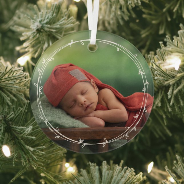 Quirky Simple White Wreath Add Your Photo Glass Ornament (Insitu)