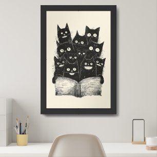 Quirky Smiling Black Cats reading a book Framed Art