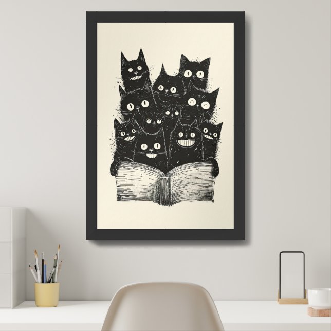Quirky Smiling Black Cats reading a book  Framed Art (Home Office)