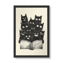 Quirky Smiling Black Cats reading a book