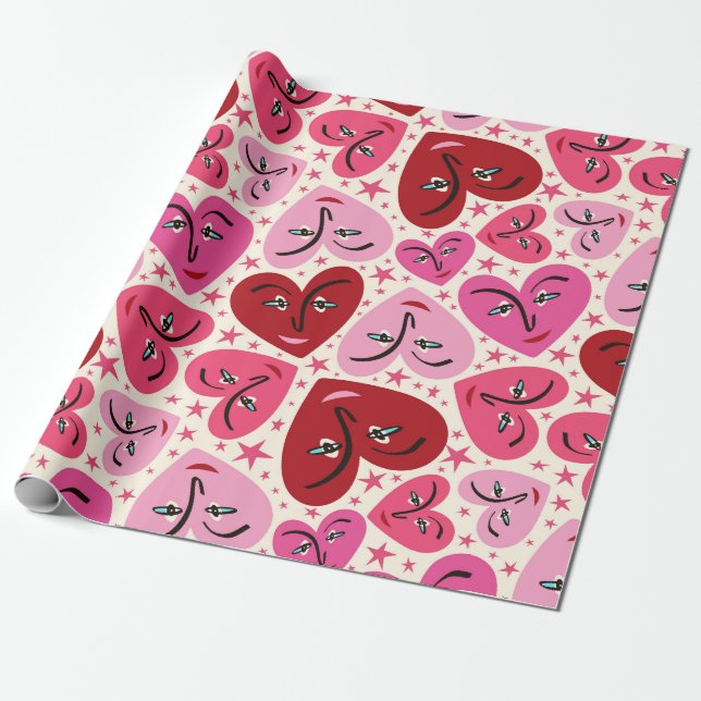 Quirky Smiling Hearts Valentine Wrapping Paper (Unrolled)