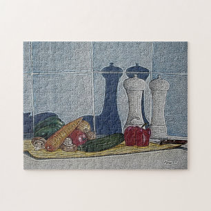 quirky still life art of peppers courgette carrots jigsaw puzzle