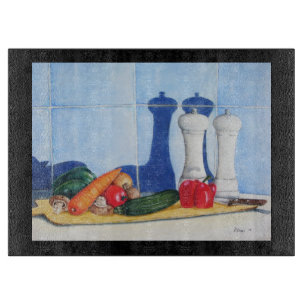 quirky still life painting of vegatables cutting board