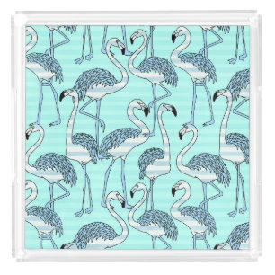 Quirky Striped Turquoise Flamingos Pattern Acrylic Tray
