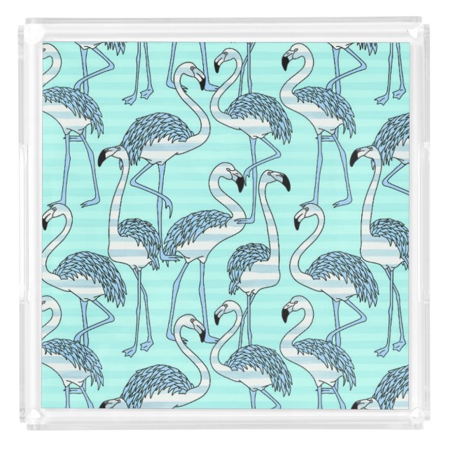 Quirky Striped Turquoise Flamingos Pattern Acrylic Tray (Front)