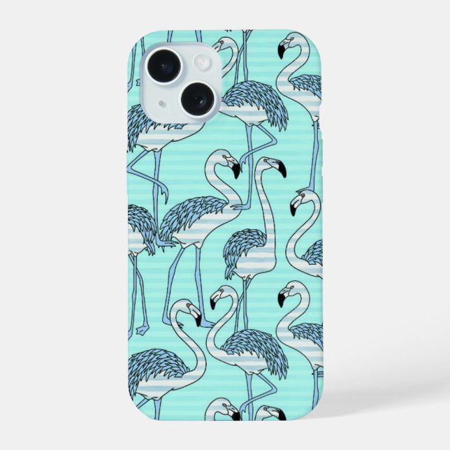Quirky Striped Turquoise Flamingos Pattern Iphone Case (Back)