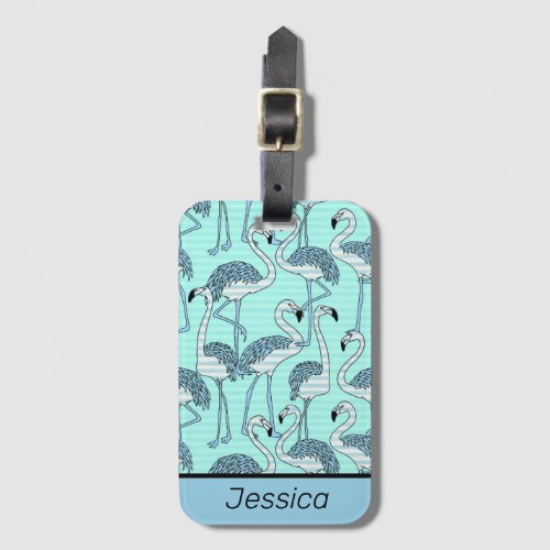 Quirky Striped Turquoise Flamingos Pattern Luggage Tag