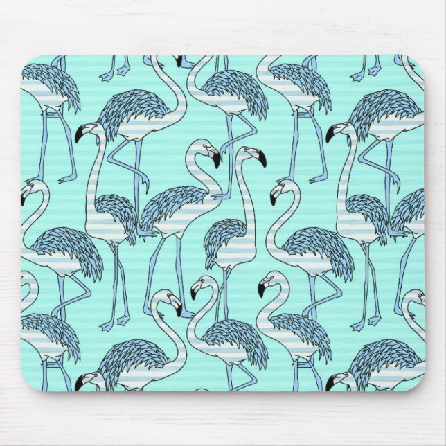 Quirky Striped Turquoise Flamingos Pattern Mouse Pad (Front)