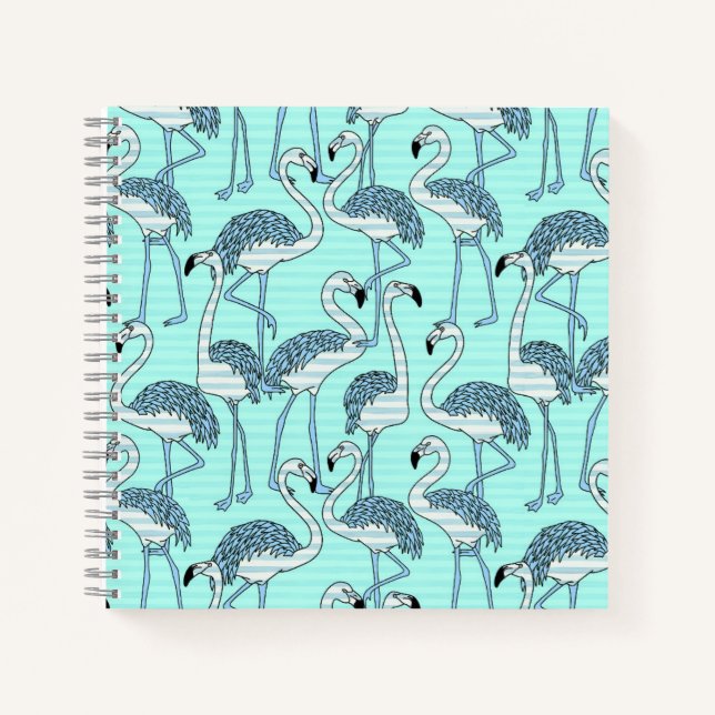 Quirky Striped Turquoise Flamingos Pattern Notebook (Front)