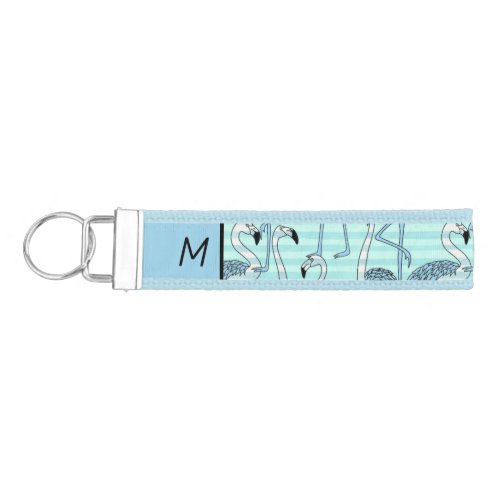 Quirky Striped Turquoise Flamingos Pattern Wrist Keychain