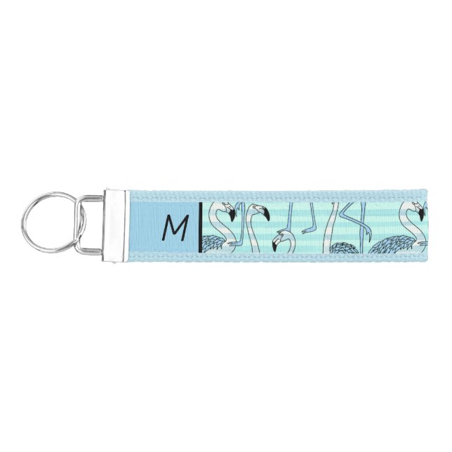 Quirky Striped Turquoise Flamingos Pattern Wrist Keychain (Keys on Left)