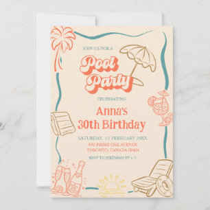 Quirky Summer Theme Pool Party Adult Birthday Invitation